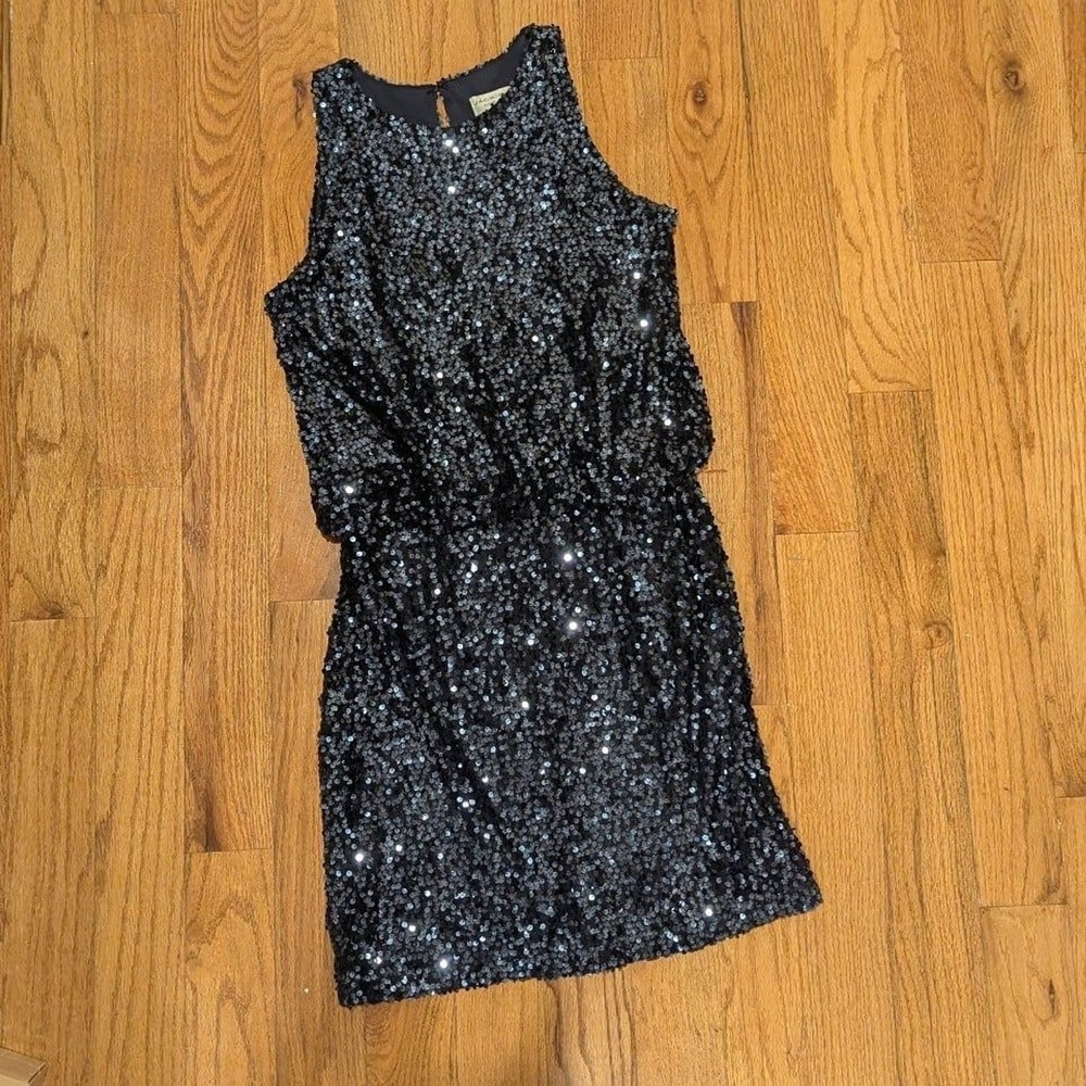 Y2K Sequin Cocktail Party Mini Dress Navy Blue Sleeveless Jackie Jon 8